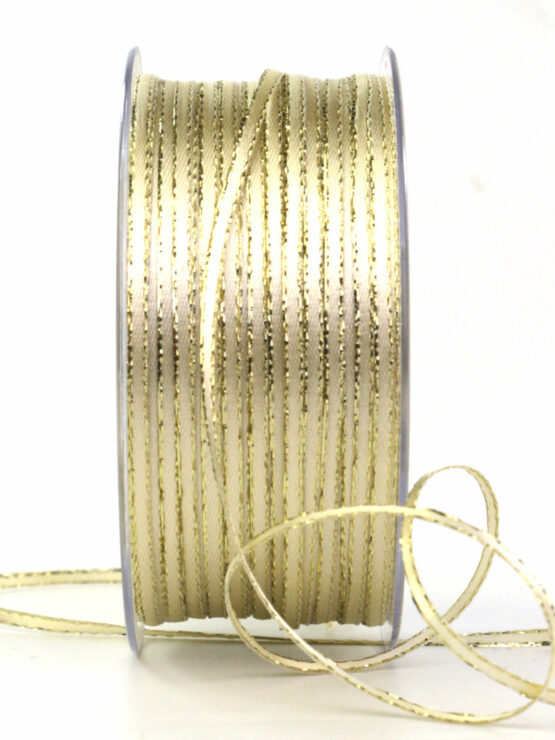 Schmales Satinband mit Goldkante, creme, 3 mm breit, 100 m Rolle - satinband, satinband-goldkante