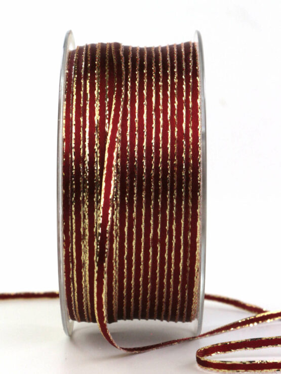 Schmales Satinband mit Goldkante, bordeaux, 3 mm breit, 100 m Rolle - satinband, satinband-goldkante