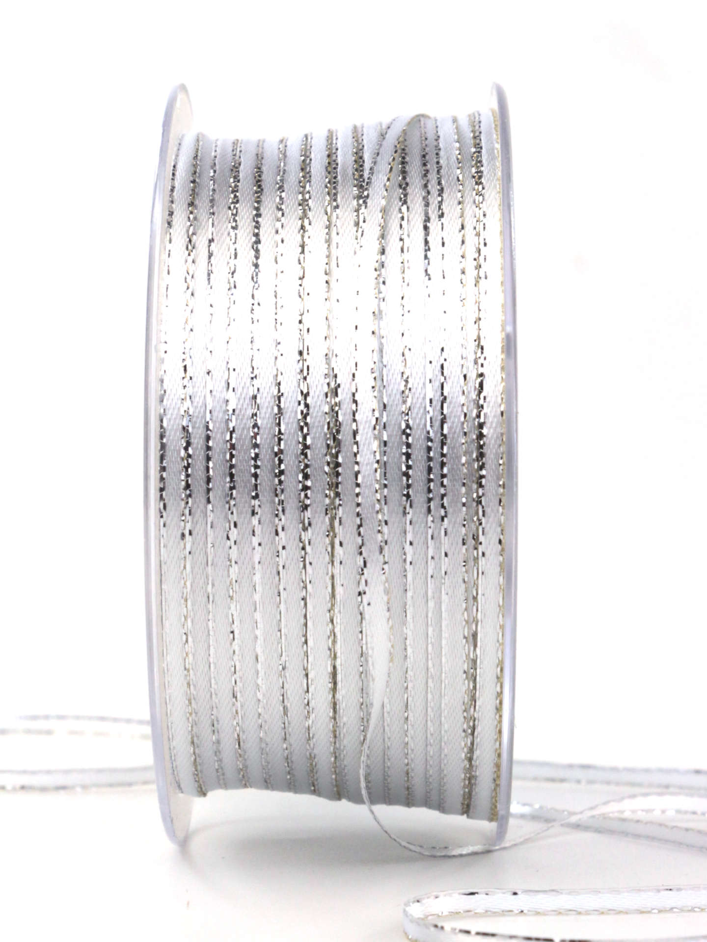 Schmales Satinband mit Silberkante, weiß, 3 mm breit, 100 m Rolle - satinband, satinband-goldkante