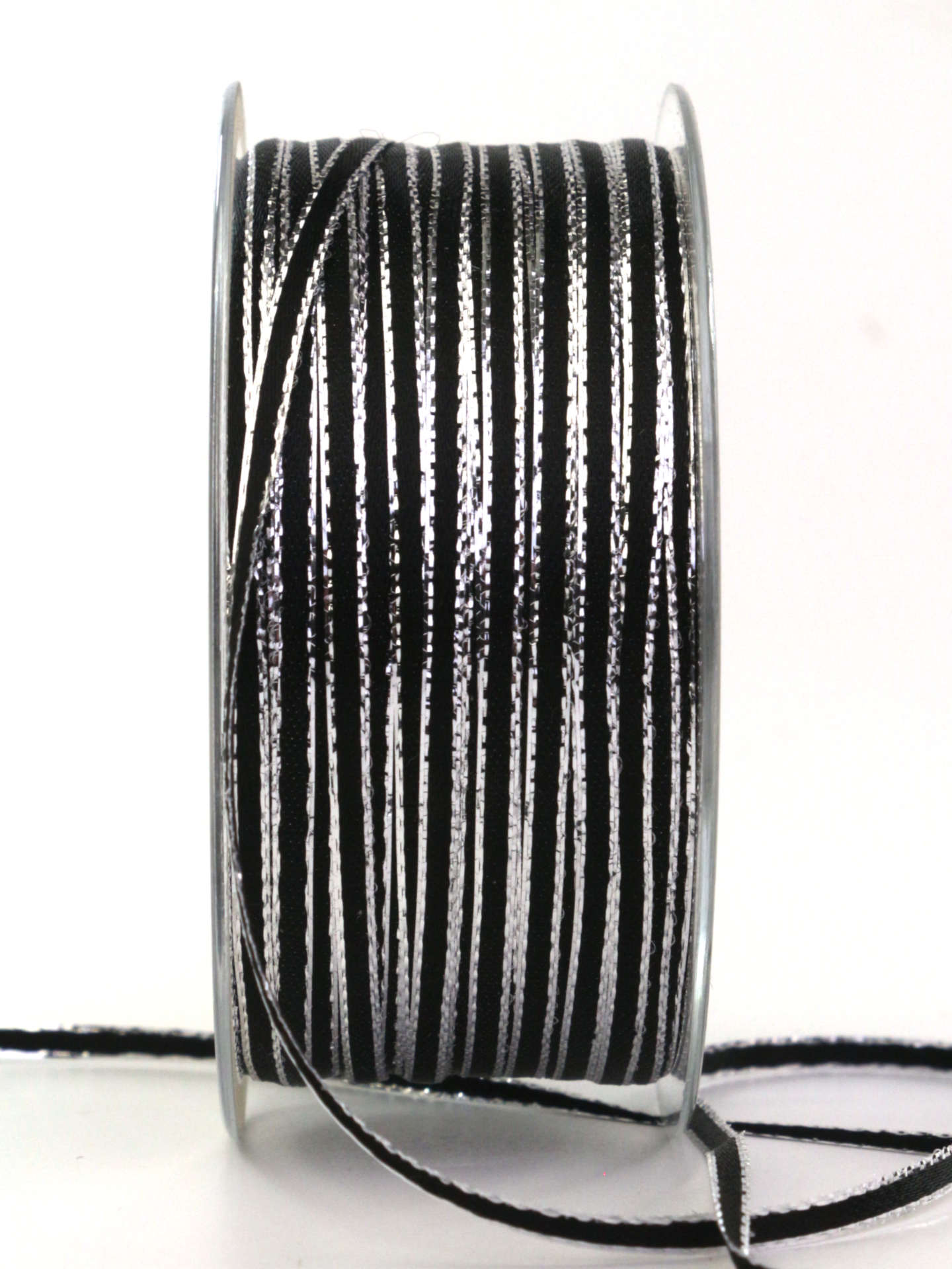 Schmales Satinband mit Silberkante, schwarz, 3 mm breit, 100 m Rolle - satinband, satinband-goldkante