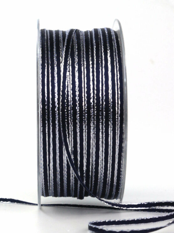 Schmales Satinband mit Silberkante, marineblau, 3 mm breit, 100 m Rolle - satinband, satinband-goldkante