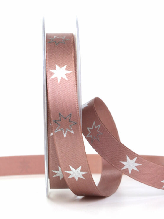 Satinband mit Sternen, braun, 15 mm breit - weihnachtsband, geschenkband-weihnachten-gemustert, geschenkband-weihnachten
