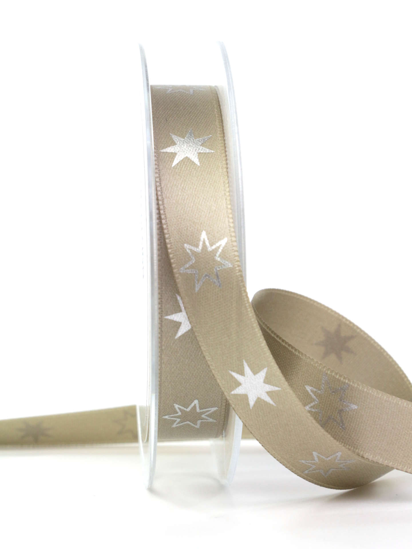 Satinband mit Sternen, taupe, 15 mm breit - weihnachtsband, geschenkband-weihnachten-gemustert, geschenkband-weihnachten