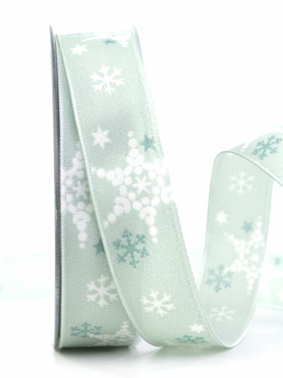 Dekoband mit Schneeflocken, grün, 25 mm breit - geschenkband-weihnachten-gemustert, geschenkband-weihnachten, weihnachtsband