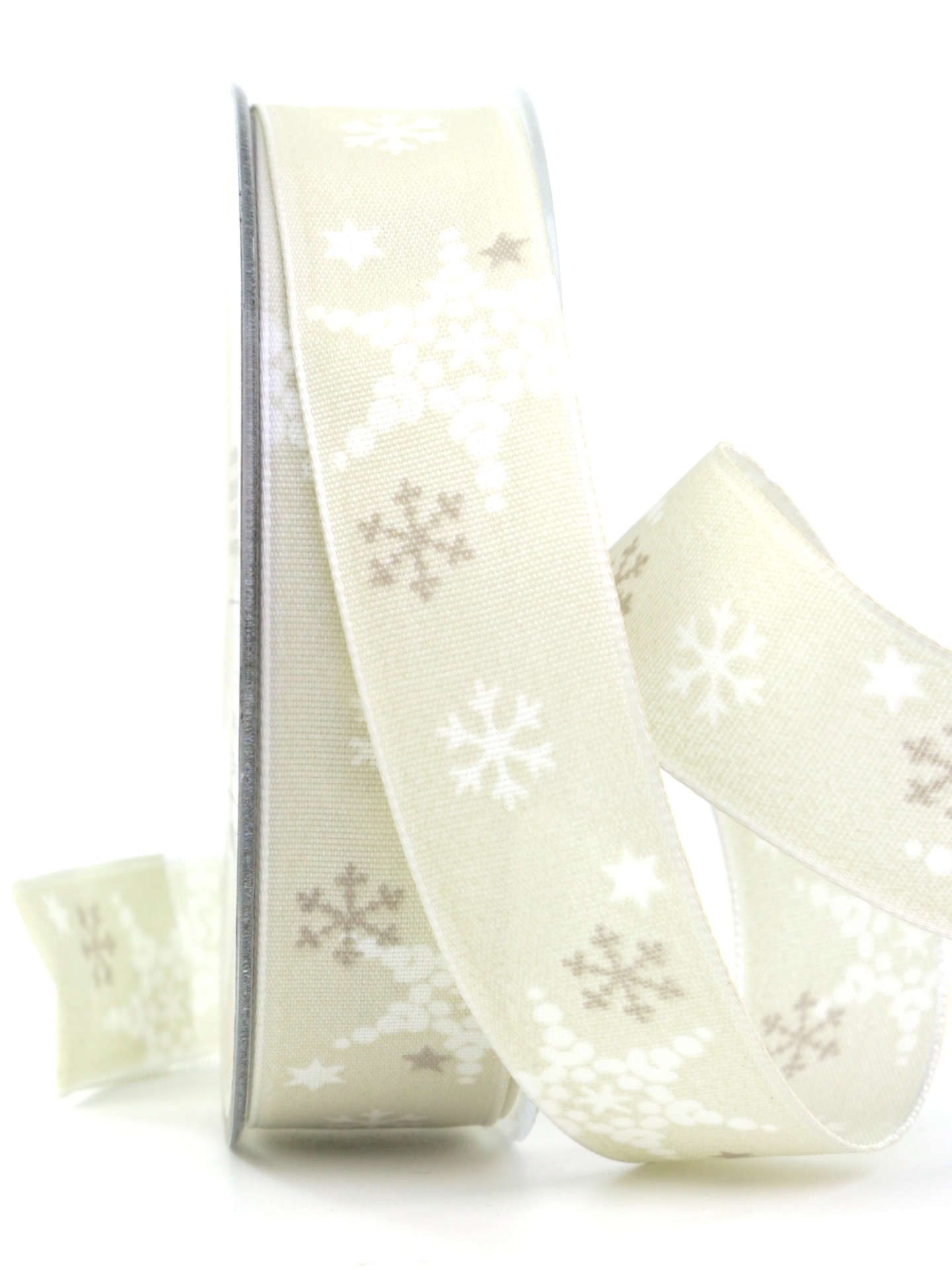 Dekoband mit Schneeflocken, sand, 25 mm breit - weihnachtsband, geschenkband-weihnachten-gemustert, geschenkband-weihnachten