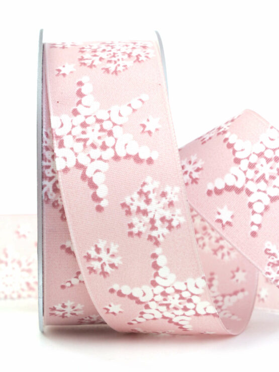 Dekoband mit Schneeflocken, rosa, 40 mm breit - weihnachtsband, geschenkband-weihnachten-gemustert, geschenkband-weihnachten
