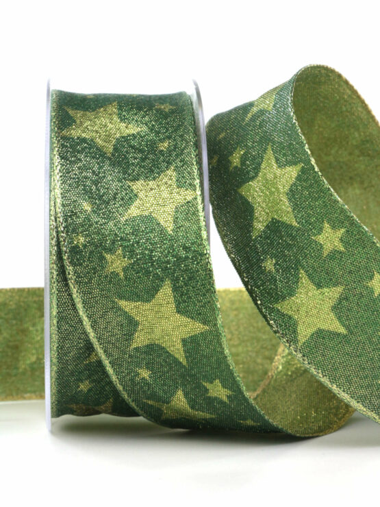 Glitzerndes Weihnachtsband mit Sternen, grün, 40 mm breit - geschenkband-weihnachten-gemustert, geschenkband-weihnachten, weihnachtsband