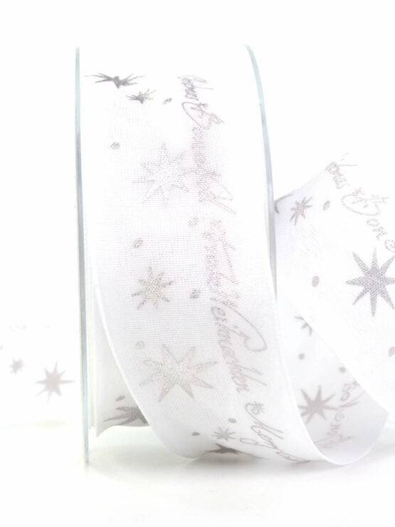 Frohe Weihnachten-Dekoband, weiß, 40 mm breit - geschenkband-weihnachten, weihnachtsband, geschenkband-weihnachten-gemustert