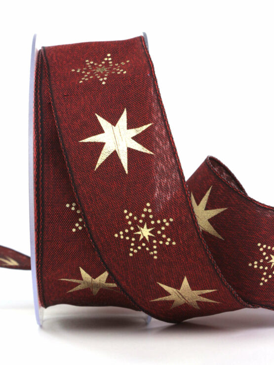 Weihnachtsband mit Sternen, bordeaux, 40 mm breit - weihnachtsband, geschenkband-weihnachten-gemustert, geschenkband-weihnachten