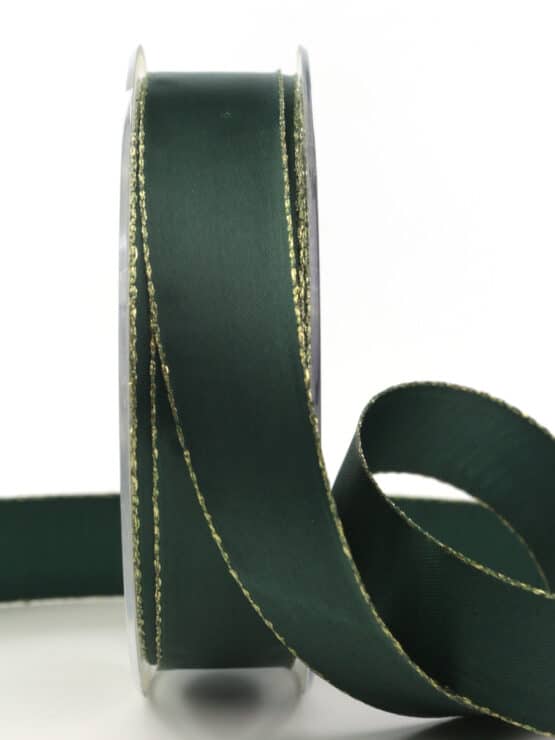 Satinband mit Goldkante, tannengrün, 25 mm breit - weihnachtsband, satinband-goldkante, satinband
