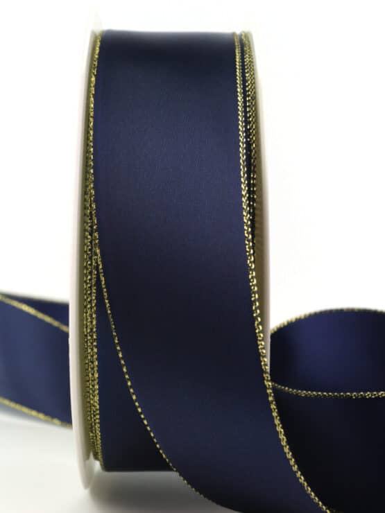 Satinband mit Goldkante, marineblau, 40 mm breit - satinband, satinband-goldkante, weihnachtsband