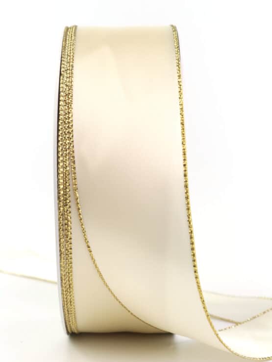 Satinband mit Goldkante, creme, 40 mm breit - satinband, satinband-goldkante, weihnachtsband