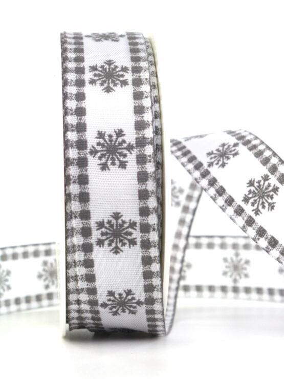 Landhaus-Weihnachtsband, weiß, 25 mm breit - geschenkband-weihnachten-gemustert, geschenkband-weihnachten, weihnachtsband