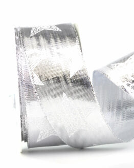 Weihnachtsband mit Sternen, silber, 40 mm breit - geschenkband-weihnachten-gemustert, geschenkband-weihnachten, weihnachtsband
