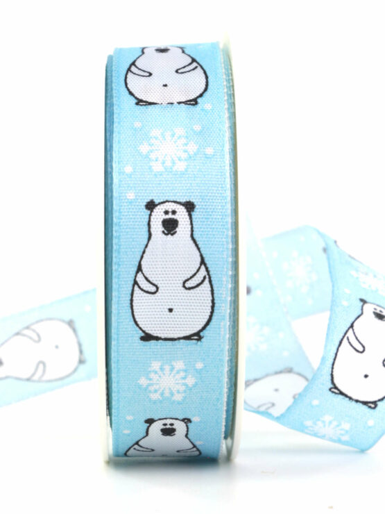 Eisbär Hugo, hellblau, 25 mm breit - geschenkband-weihnachten-gemustert, geschenkband-weihnachten, weihnachtsband