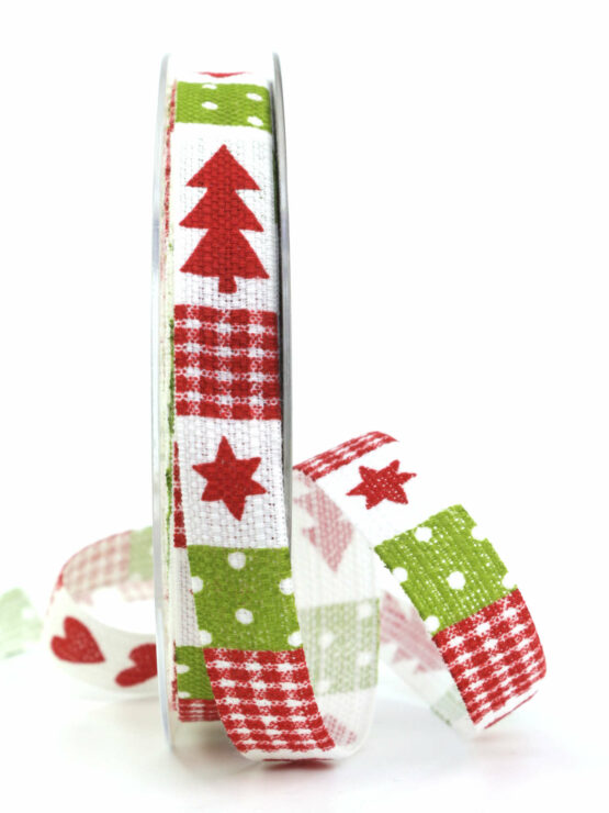 Modernes Baumwollband m. Stern und Tannenbaum, rot, 15 mm breit - geschenkband-weihnachten-gemustert, geschenkband-weihnachten, weihnachtsband