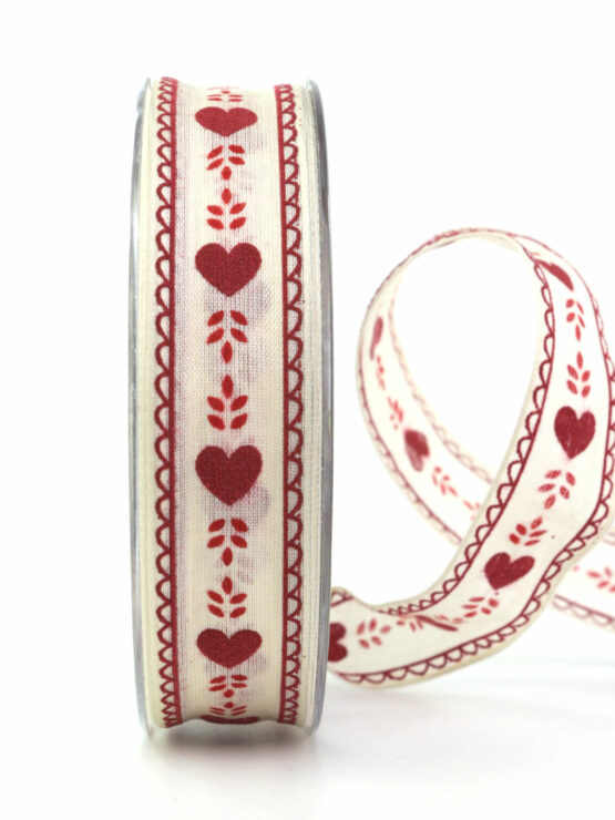 Geschenkband Landhausstil mit Herz, rot, 25 mm breit - geschenkbaender, valentinstag-anlaesse-geschenkband-fuer-anlaesse, geschenkband-mit-herzen, anlaesse-geschenkband-fuer-anlaesse, geschenkband-fuer-anlaesse