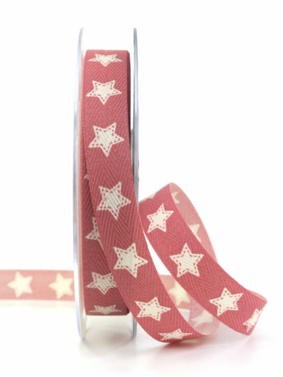 Baumwollband mit Sternen, altrosa, 15 mm breit - geschenkband-weihnachten-gemustert, geschenkband-weihnachten, weihnachtsband