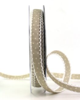 Schmales Pünktchen-Band, taupe, 15 mm breit - geschenkbaender-mit-punkten, geschenkband-gemustert, geschenkbaender