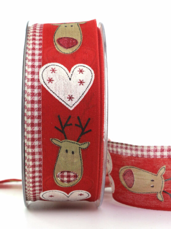 Geschenkband Weihnachtsfreude, rot, 40 mm breit - geschenkband-weihnachten-gemustert, geschenkband-weihnachten, weihnachtsband