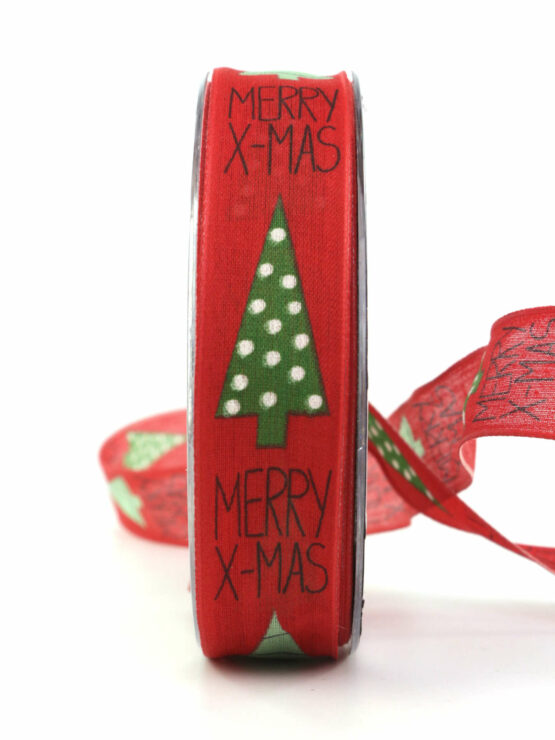Weihnachtsband „Merry X-Mas“, rot, 25 mm breit - weihnachtsband, geschenkband-weihnachten-gemustert, geschenkband-weihnachten