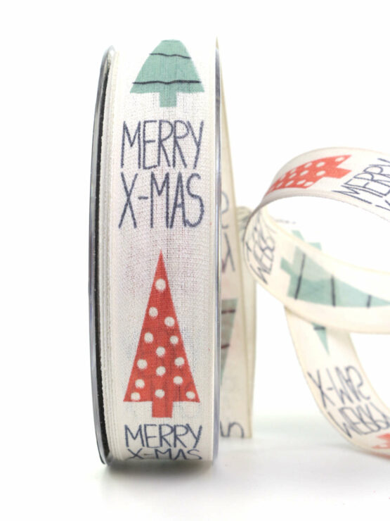 Weihnachtsband „Merry X-Mas“, weiß, 25 mm breit - geschenkband-weihnachten-gemustert, geschenkband-weihnachten, weihnachtsband