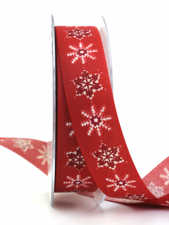 Baumwollband mit Eiskristallen, rot, 25 mm breit - weihnachtsband, geschenkband-weihnachten-gemustert, geschenkband-weihnachten