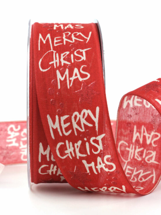 Weihnachtsband „Merry X-Mas“, rot, 40 mm breit - geschenkband-weihnachten-gemustert, geschenkband-weihnachten, weihnachtsband