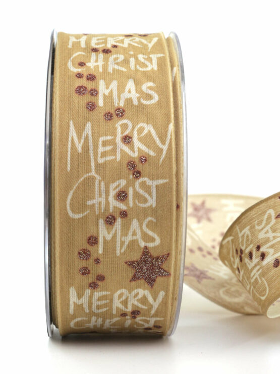 Weihnachtsband „Merry X-Mas“, braun, 40 mm breit - geschenkband-weihnachten, weihnachtsband, geschenkband-weihnachten-gemustert