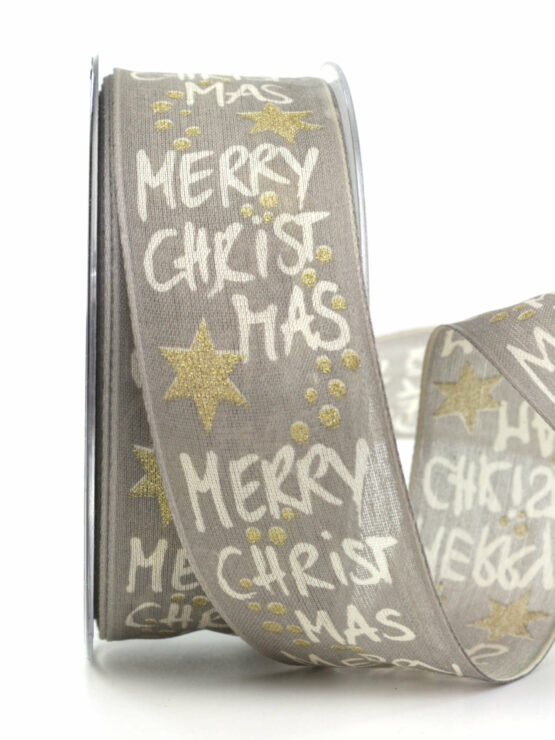 Weihnachtsband „Merry X-Mas“, grau, 40 mm breit - geschenkband-weihnachten, weihnachtsband, geschenkband-weihnachten-gemustert