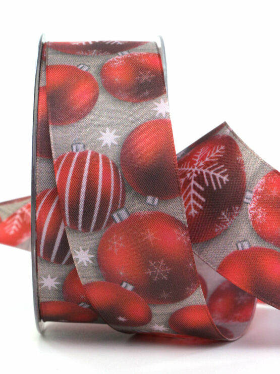 Dekoband Christbaumkugeln, rot, 40 mm breit - geschenkband-weihnachten-gemustert, geschenkband-weihnachten, weihnachtsband