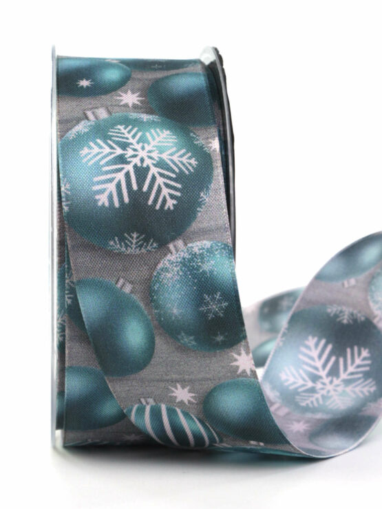 Dekoband Christbaumkugeln, blau, 40 mm breit - geschenkband-weihnachten-gemustert, geschenkband-weihnachten, weihnachtsband