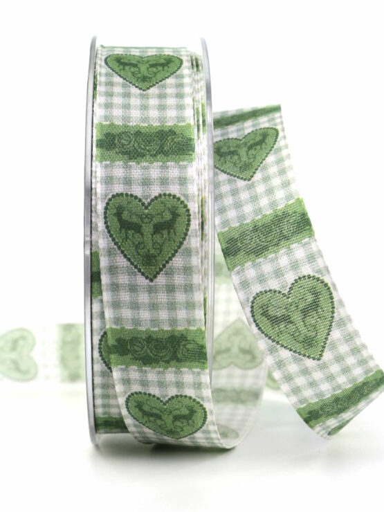 Geschenkband Landhausstil mit Herz, grün, 25 mm breit - valentinstag-anlaesse-geschenkband-fuer-anlaesse, geschenkband-mit-herzen, anlaesse-geschenkband-fuer-anlaesse, geschenkband-fuer-anlaesse, geschenkbaender