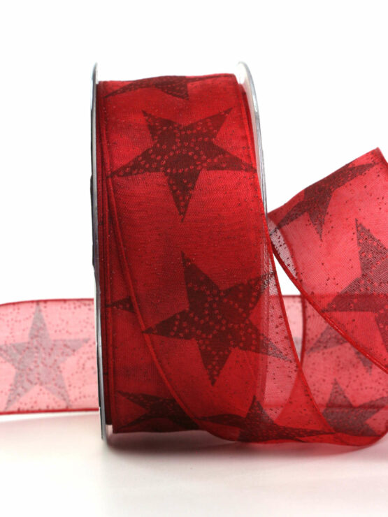 Organzaband-Weihnachtsband mit Sternen, rot, 40 mm breit - geschenkband-weihnachten-gemustert, geschenkband-weihnachten, weihnachtsband