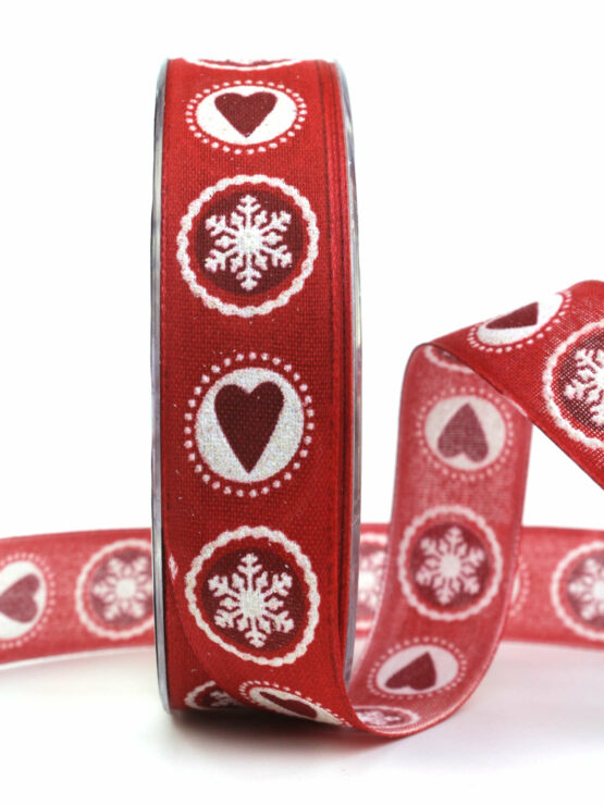 Weihnachtsband mit Herzen + Schneeflocken, rot, 25 mm breit - weihnachtsband, geschenkband-weihnachten-gemustert, geschenkband-weihnachten