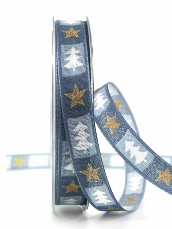 Taftband m. Sternen und Tannenbäumen, blau, 15 mm breit - weihnachtsband, geschenkband-weihnachten-gemustert, geschenkband-weihnachten
