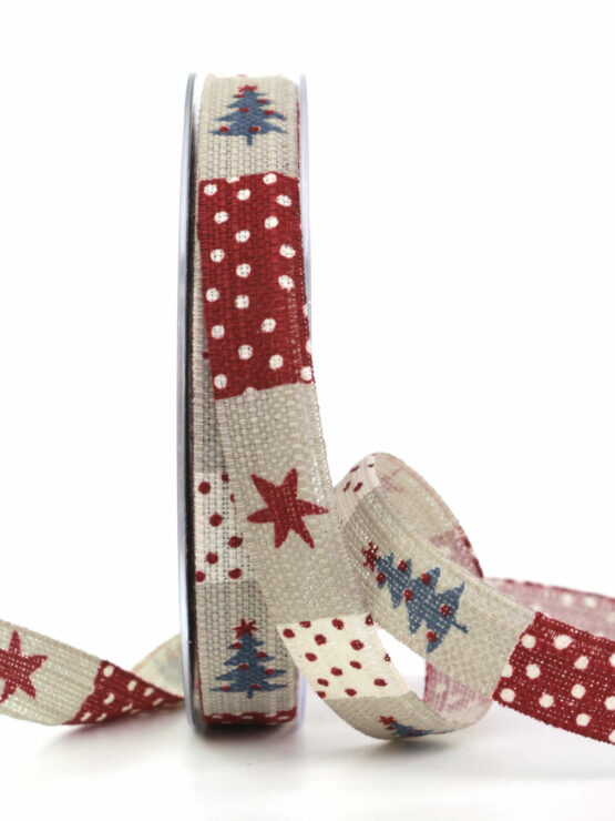 Leinenband m. Sternen und Tannenbäumen, bordeaux, 15 mm breit - geschenkband-weihnachten-gemustert, geschenkband-weihnachten, weihnachtsband