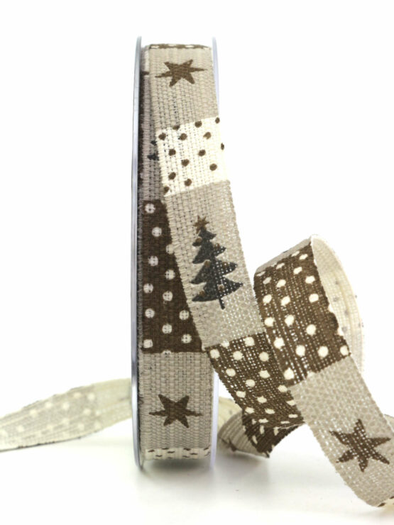 Leinenband m. Sternen und Tannenbäumen, braun, 15 mm breit - weihnachtsband, geschenkband-weihnachten-gemustert, geschenkband-weihnachten
