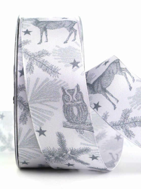 Weihnachten im Wald, grau, 40 mm breit - geschenkband-weihnachten-gemustert, geschenkband-weihnachten, weihnachtsband