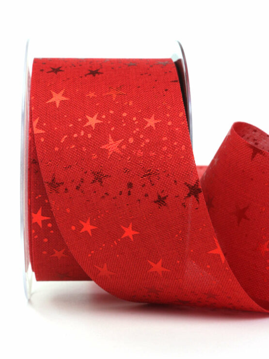 Breites Weihnachtsband mit Sternen, rot, 60 mm breit - weihnachtsband, geschenkband-weihnachten-gemustert, geschenkband-weihnachten