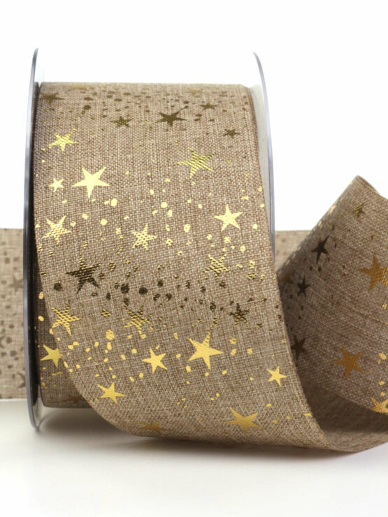 Breites Weihnachtsband mit Sternen, braun, 60 mm breit - weihnachtsband, geschenkband-weihnachten-gemustert, geschenkband-weihnachten