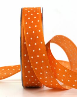 Leinenband mit Punkten, orange, 25 mm breit, 20 m Rolle - geschenkband-gemustert, geschenkbaender, geschenkbaender-mit-punkten
