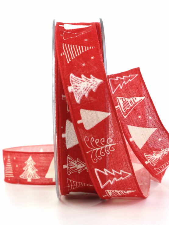 Geschenkband Weihnachtswald, rot, 25 mm breit - geschenkband-weihnachten-gemustert, geschenkband-weihnachten, weihnachtsband