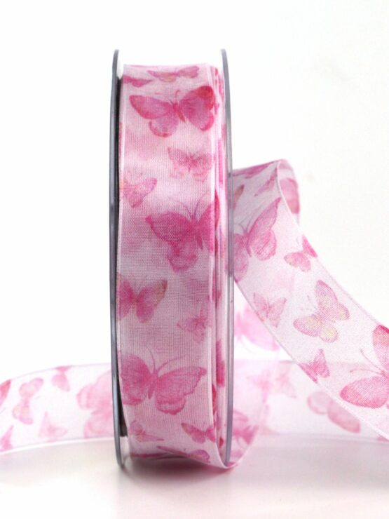 Organzaband mit Schmetterlingen, pink, 25 mm breit, 20 m Rolle - geschenkband-gemustert, geschenkbaender