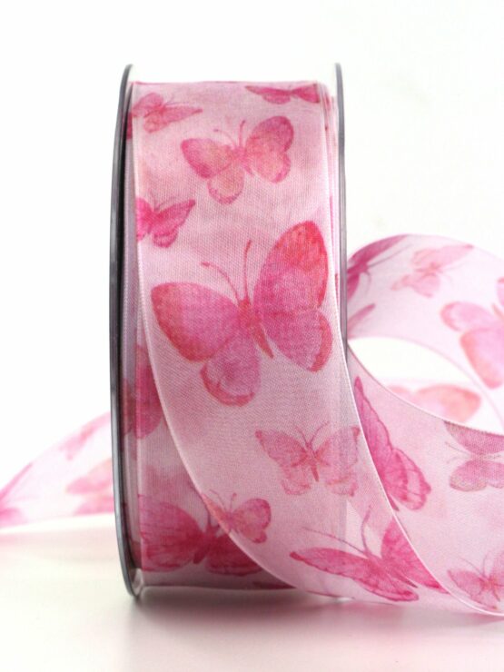 Organzaband mit Schmetterlingen, pink, 40 mm breit, 20 m Rolle - geschenkband-gemustert, geschenkbaender