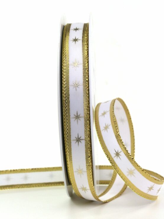 Geschenkband mit Sternen, gold, 15 mm breit, 25 m Rolle - geschenkband-weihnachten-gemustert, geschenkband-weihnachten, weihnachtsband