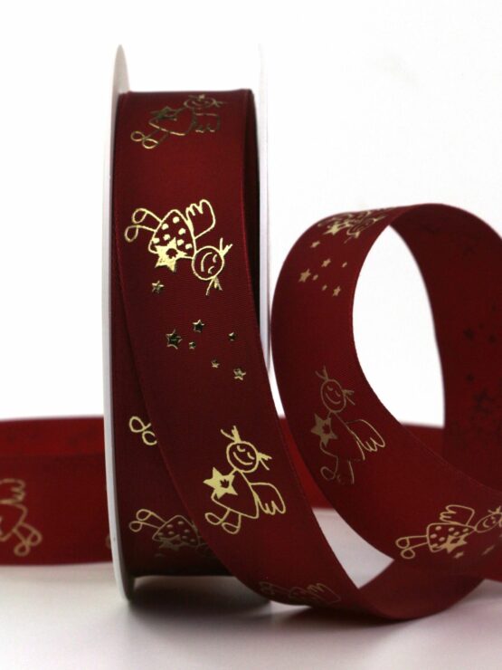 Geschenkband goldener Engel, bordeaux, 25 mm breit, 25 m Rolle - geschenkband-weihnachten, weihnachtsband, geschenkband-weihnachten-gemustert