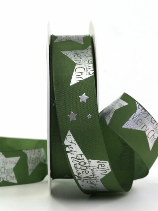 Geschenkband Merry Christmas, grün, 25 mm breit - geschenkband-weihnachten-gemustert, geschenkband-weihnachten, weihnachtsband