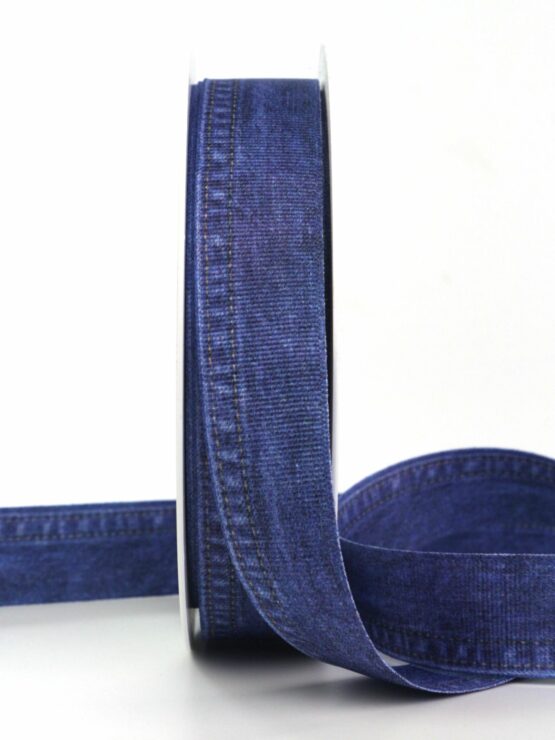 Geschenkband „Jeans“, blau, 25 mm breit, 25 m Rolle - geschenkband-gemustert, geschenkbaender