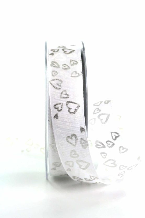 Satinband mit Herzen, weiß-silber, 25 mm breit - satinband, gemusterte-bander, bedrucktes-satinband, hochzeitsbaender, anlaesse